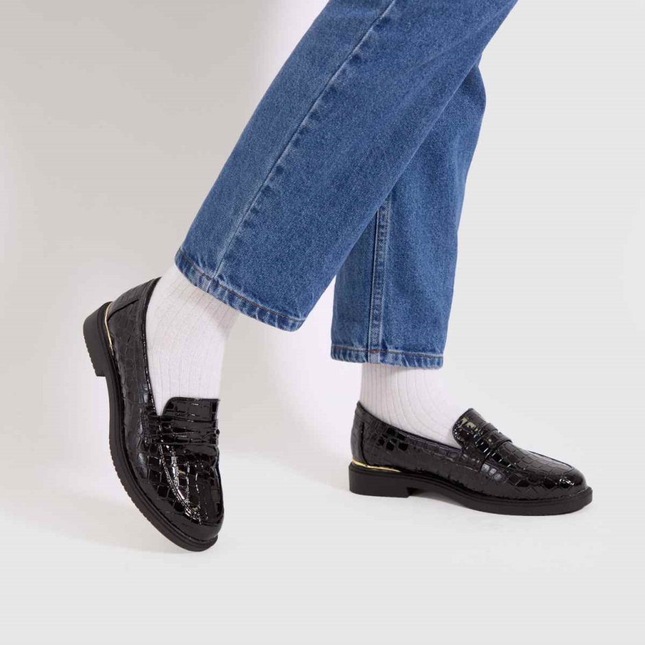 Black Dr Martens Schweiz Schuh Lenzo Croc Patent Loafer Flat Shoes