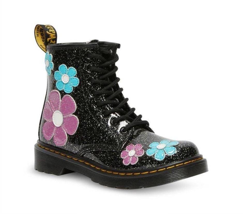 Schwarz (schwarze Basis Groß Silberglitter)/türkisblau Dr Martens Schweiz Junior 1460 Glitter Patent