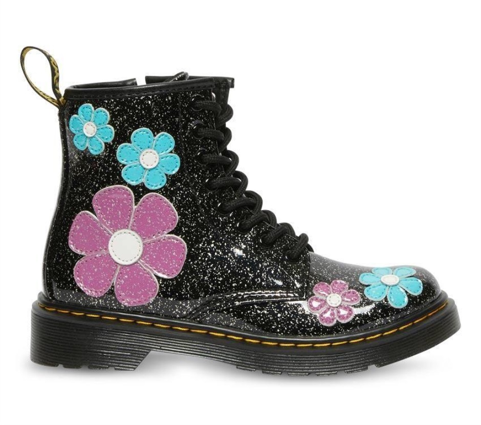 Schwarz (schwarze Basis Groß Silberglitter)/türkisblau Dr Martens Schweiz Junior 1460 Glitter Patent