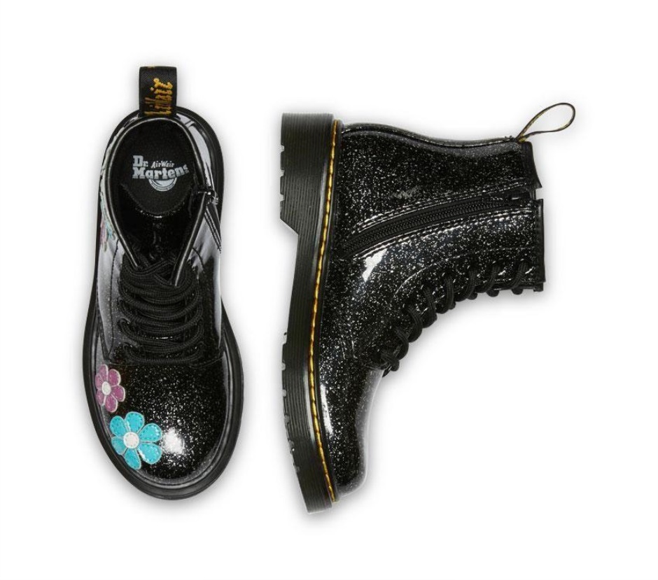 Schwarz (schwarze Basis Groß Silberglitter)/türkisblau Dr Martens Schweiz Junior 1460 Glitter Patent