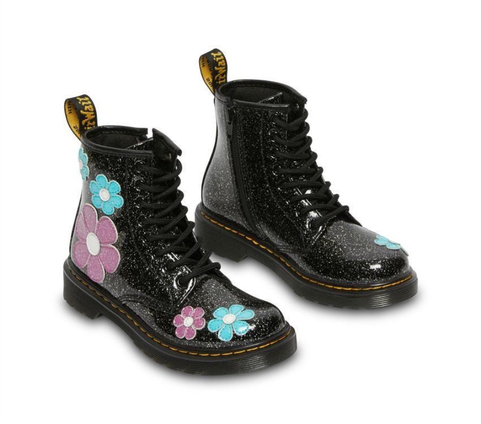 Schwarz (schwarze Basis Groß Silberglitter)/türkisblau Dr Martens Schweiz Junior 1460 Glitter Patent