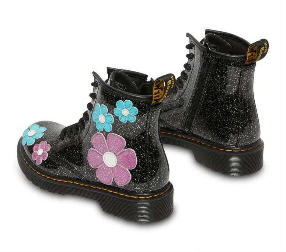 Schwarz (schwarze Basis Groß Silberglitter)/türkisblau Dr Martens Schweiz Junior 1460 Glitter Patent