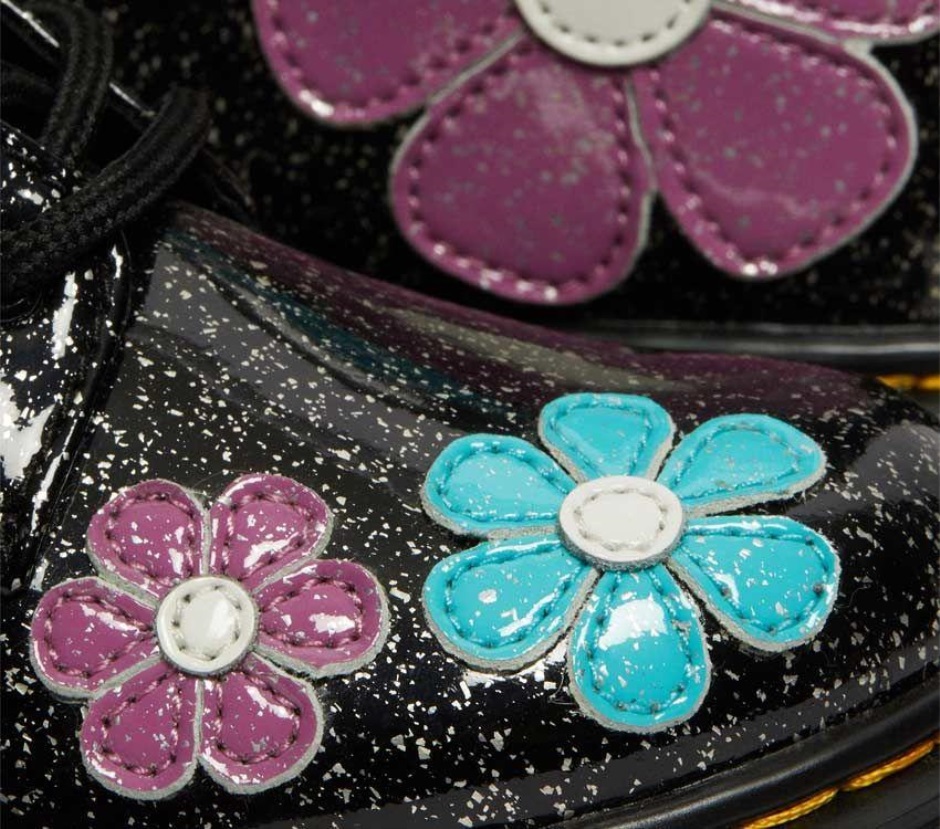 Schwarz (schwarze Basis Groß Silberglitter)/türkisblau Dr Martens Schweiz Junior 1460 Glitter Patent